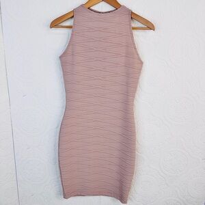 Windsor Taupe Bodycon Fitted Textured Stretch Midi Sleeveless Crew Neck Dress~M